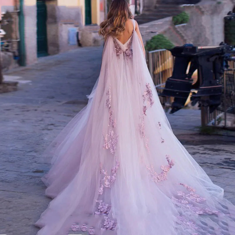 3D Floral Boho Beach Wedding Gown | V-Neck Backless Tulle Bridal Dress