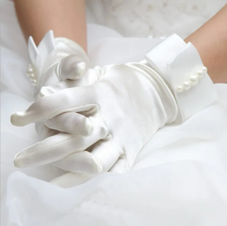 Gants de mariage femme courts poignet satin avec nœud perle blanc jaune rouge rose bleu cadeaux de fête de mariage accessoires de mariage nouveau