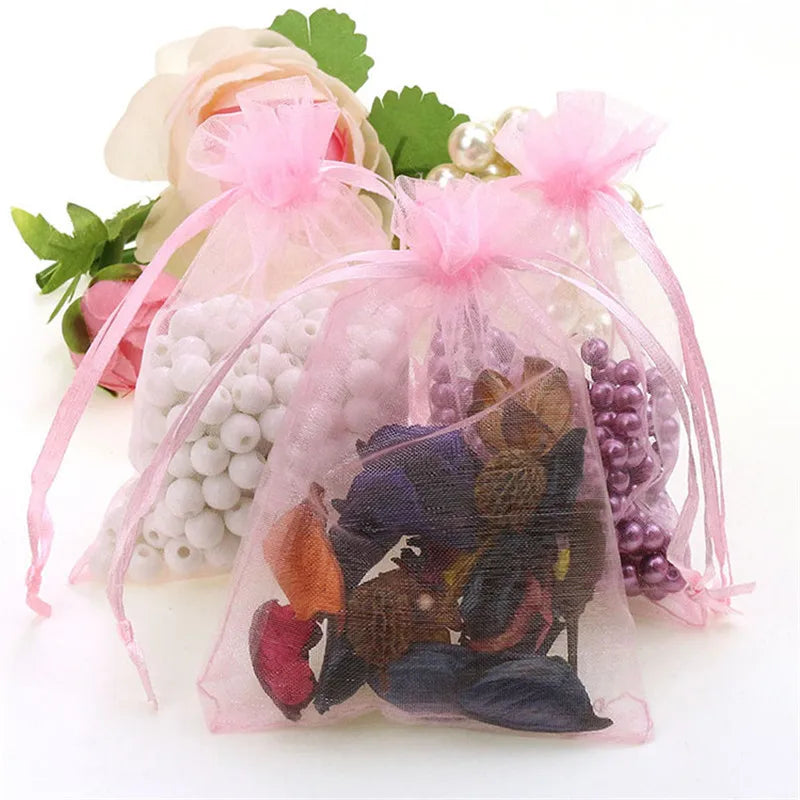 100 sacs à bijoux, sacs d'emballage en organza rose avec cordon de serrage 7x9 9x12 10x15 13x18 17x23cm, sacs cadeaux, sachets en organza pour décoration de mariage