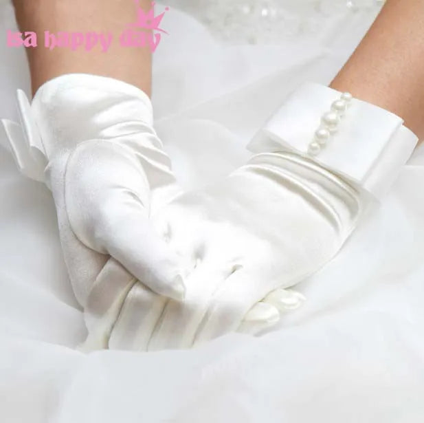 Gants de mariage femme courts poignet satin avec nœud perle blanc jaune rouge rose bleu cadeaux de fête de mariage accessoires de mariage nouveau