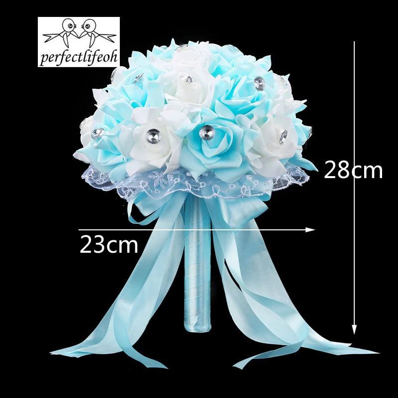 Handmade Blue & White Artificial Rose Bridal Bouquet
