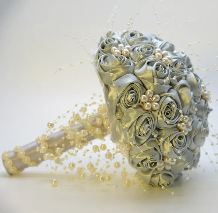 White & Ivory Pearl Beaded Bridal Bouquet with Ribbon Roses