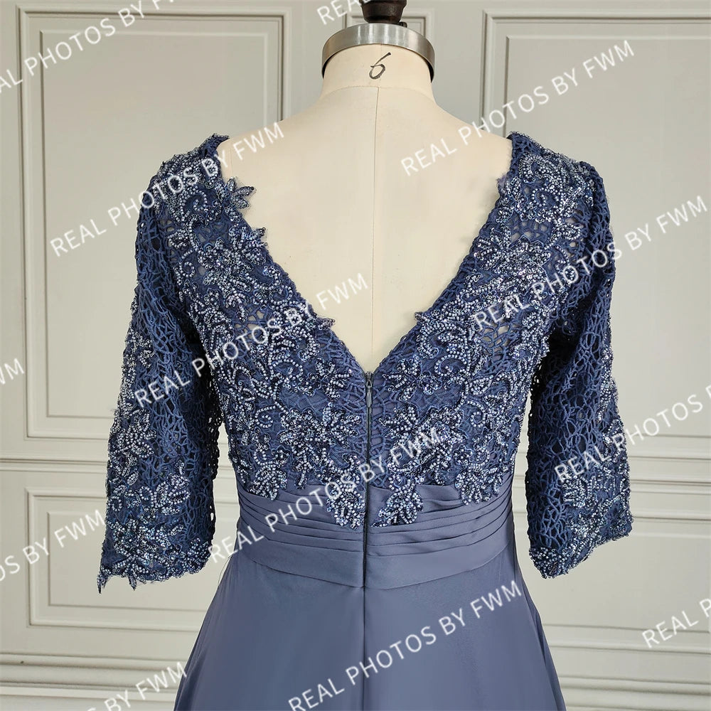 Photos réelles Robe de mariée en mousseline de haute qualité pour mère de la mariée, élégante, pour femme, demi-manches, perles, dentelle, robe de soirée