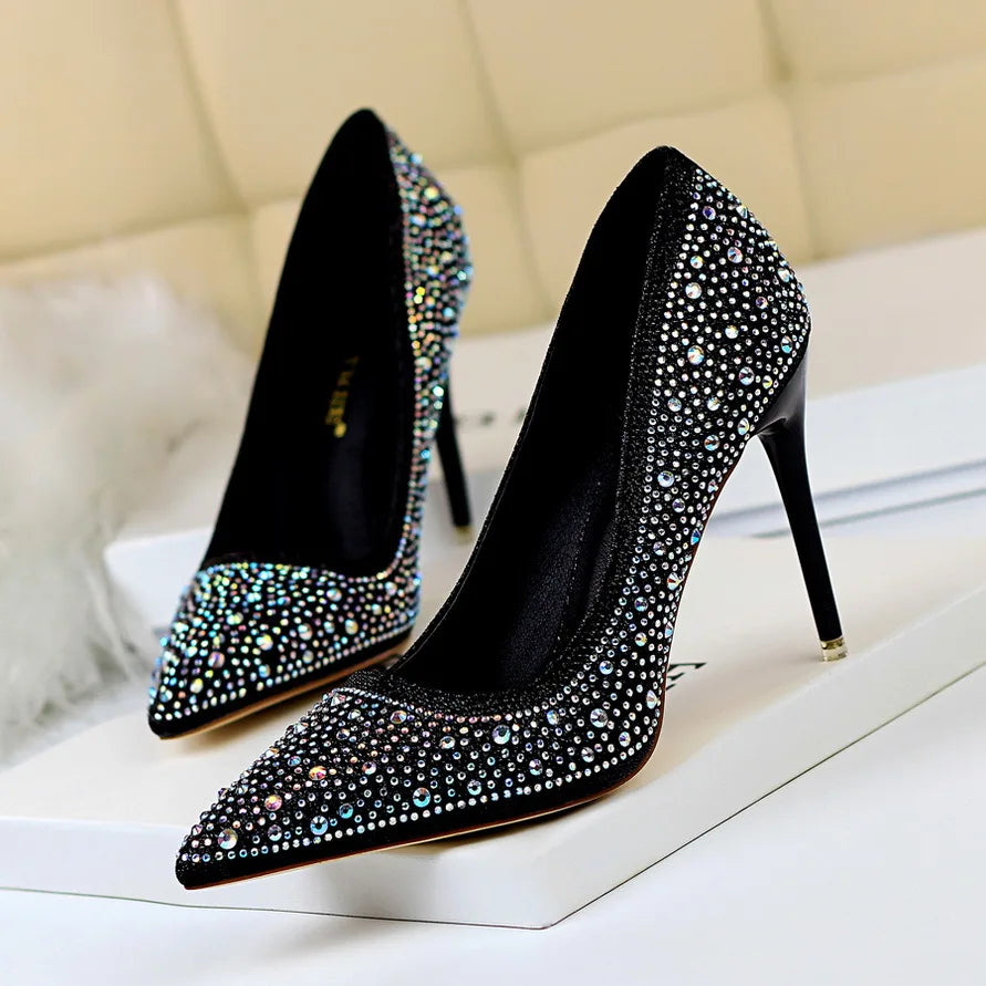 BIGTREE Chaussures Escarpins à talons hauts 7/10cm Strass Femme Noir Rose Mode Bout Pointu Cristal Mariage Chaussures de fête pour femme Automne