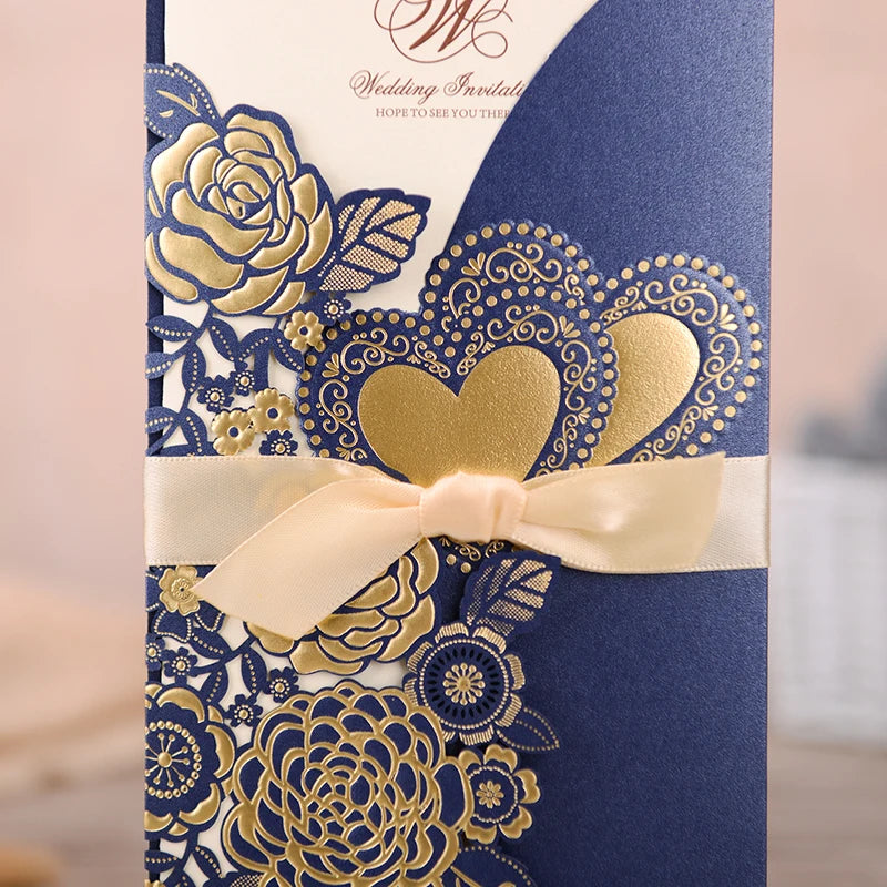 5/10 Pièces Cartes d'Invitation de Mariage Découpées au Laser Cœur d'Amour Personnalisées Cartes de Vœux avec Ruban Fournitures de Fête de Mariage ou de Douche Nuptiale
