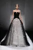 #613 Robe de Soirée de Bal Longue sans Bretelles avec Appliques Noire et Blanche, Coupe Princesse, Dos Nu