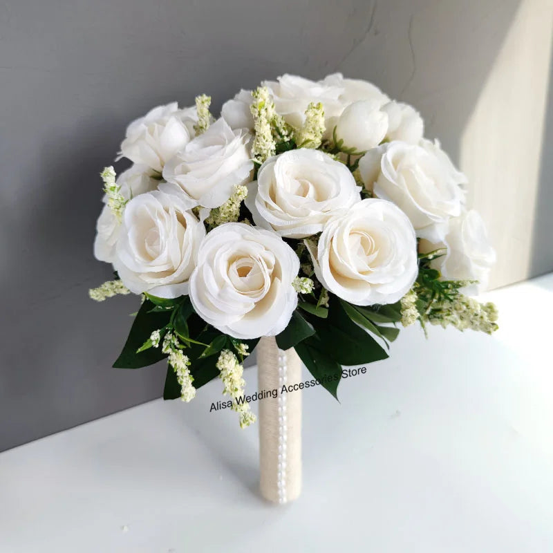 Bouquet de mariée, demoiselle d'honneur, fleurs artificielles en soie blanche, roses, boutonnière de marié, épingles, bouquet de mariage, accessoires de mariage
