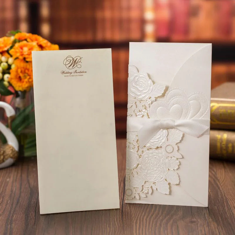 5/10 Pièces Cartes d'Invitation de Mariage Découpées au Laser Cœur d'Amour Personnalisées Cartes de Vœux avec Ruban Fournitures de Fête de Mariage ou de Douche Nuptiale