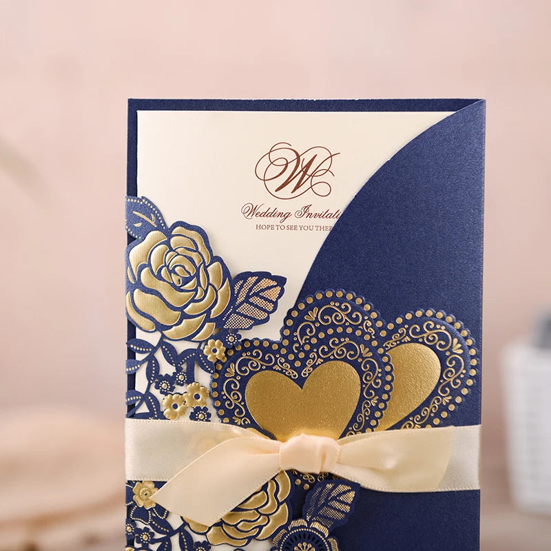 5/10 Pièces Cartes d'Invitation de Mariage Découpées au Laser Cœur d'Amour Personnalisées Cartes de Vœux avec Ruban Fournitures de Fête de Mariage ou de Douche Nuptiale