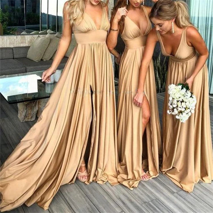 Wholesale Elegant Luxury Strap High Slit Evening Gown Floor Length Gown Formal Party Bridesmaid Dresses Wedding Dresses