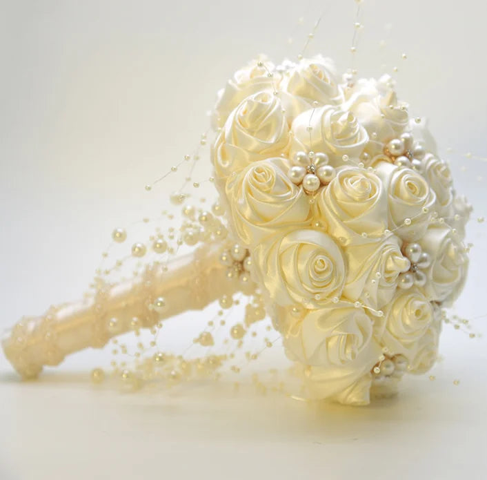 White & Ivory Pearl Beaded Bridal Bouquet with Ribbon Roses