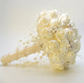 White & Ivory Pearl Beaded Bridal Bouquet with Ribbon Roses