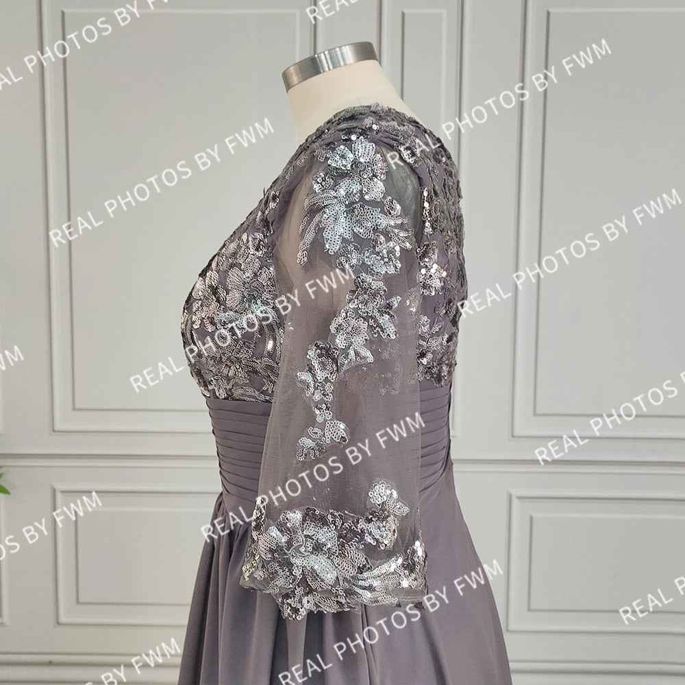 Vraies Photos Robe Longue en Mousseline de Soie de Haute Qualité pour la Mère de la Mariée Élégante Femme Pailletée Manches Mi-longues Robe de Soirée