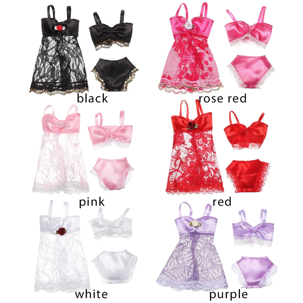 3 pièces/ensemble pyjamas colorés 3 en 1 vêtements sous-vêtements lingerie soutien-gorge robe dentelle accessoires de maison pour poupée 1/6