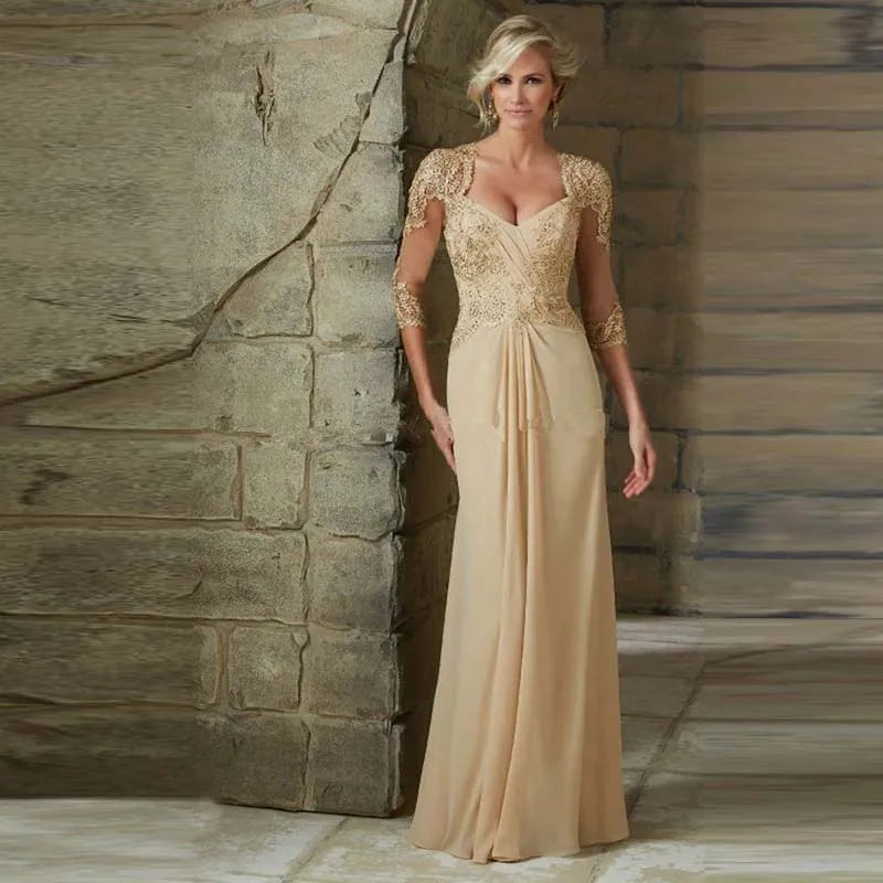Superbes Robes Mères en Dentelle Champagne 2024 Robes de Mère de la Mariée Cœur Avec Manches 3/4 Robes de Soirée de Mariage Dos Nu