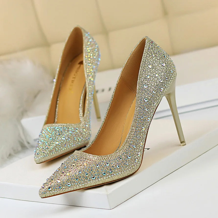 BIGTREE Chaussures Escarpins à talons hauts 7/10cm Strass Femme Noir Rose Mode Bout Pointu Cristal Mariage Chaussures de fête pour femme Automne