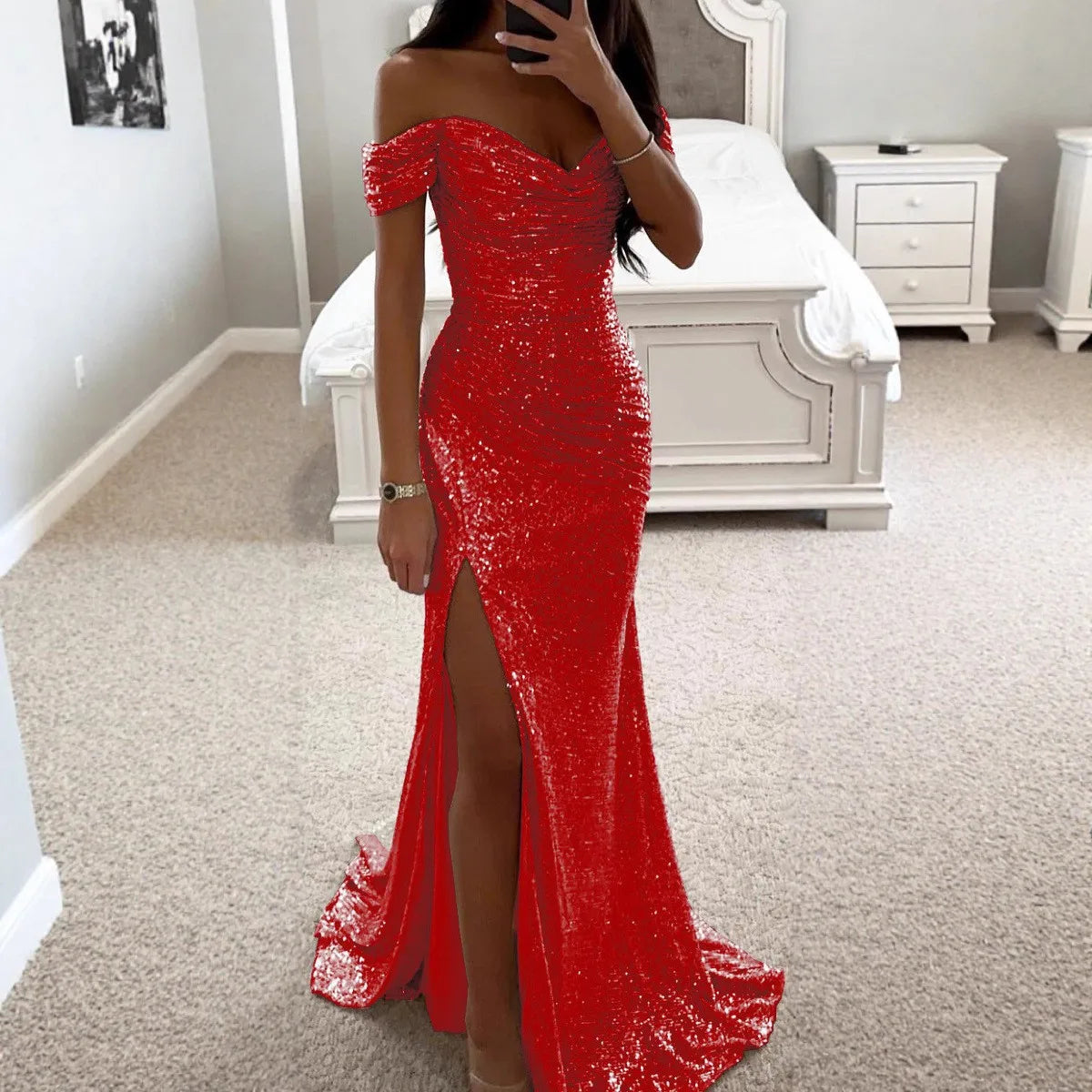 Robe de soirée élégante d'été pour femmes, robe de soirée sexy à col unique, paillettes, respirante, longue, fendue, nouvelle couleur unie