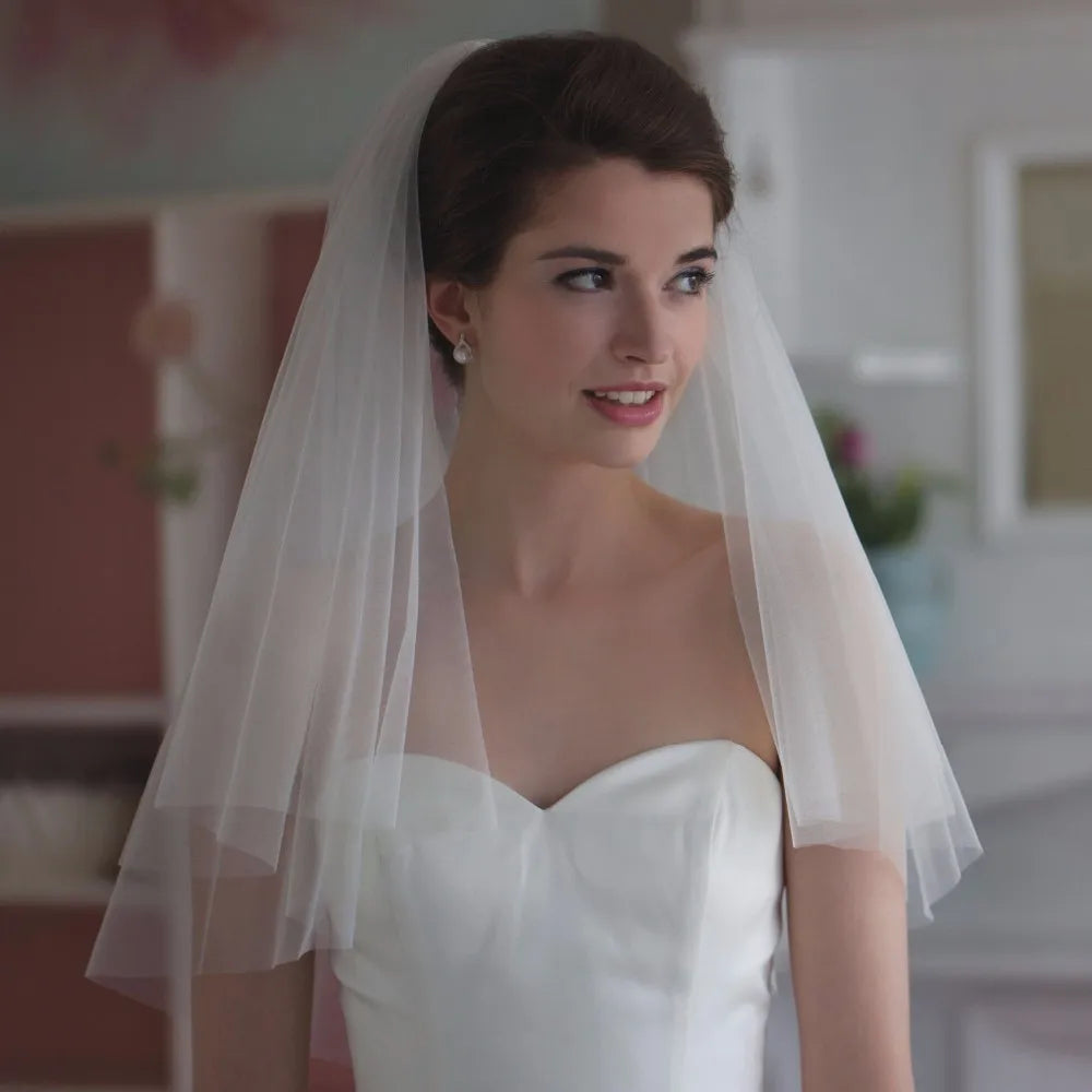 Voile de mariée tendance simple en tulle blanc ivoire, deux couches, voile de mariée pas cher, accessoires de mariée 75 cm, voiles courts pour femmes avec peigne