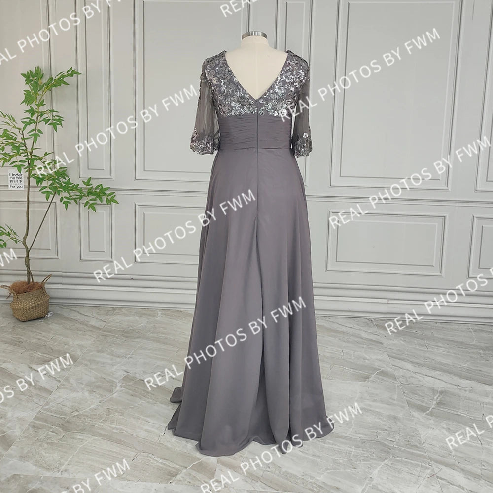 Vraies Photos Robe Longue en Mousseline de Soie de Haute Qualité pour la Mère de la Mariée Élégante Femme Pailletée Manches Mi-longues Robe de Soirée