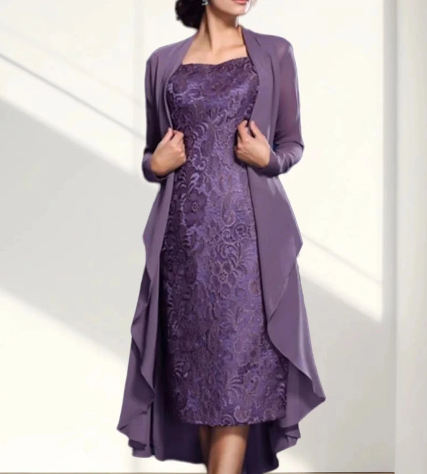Mumuleo Mother of the Bride Dress Elegant Jewel Neck Knee Length Chiffon Long Sleeve Jacket Dresses With Lace 2024