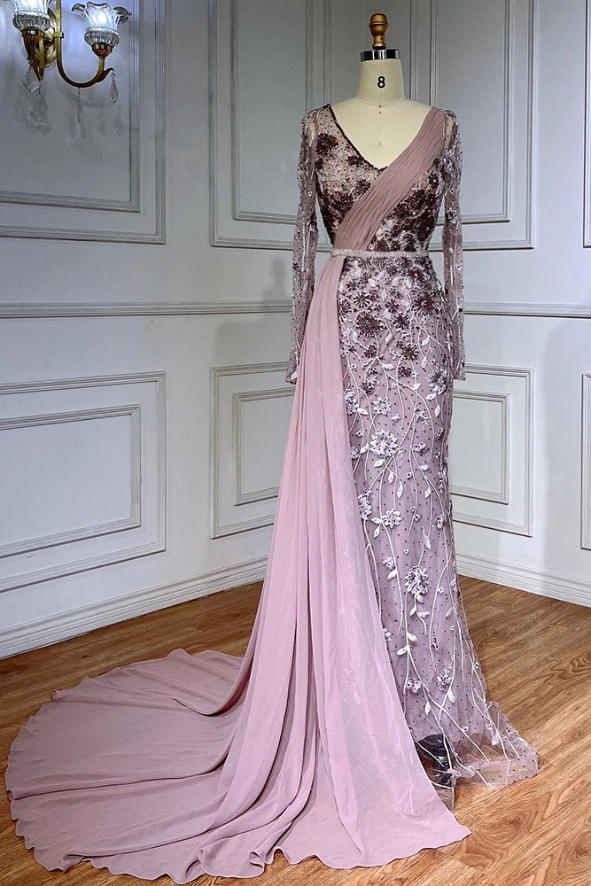 Robe de soirée sirène de luxe Feishiluo pour femmes, manches longues, perlée à la main, robe de bal, décorée de paillettes, taille naturelle