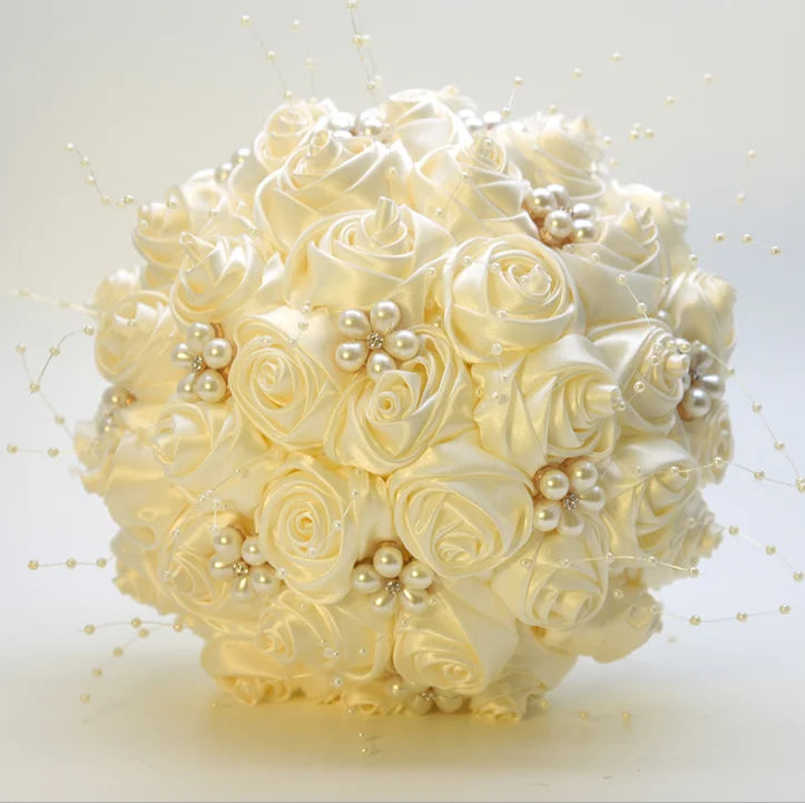 White & Ivory Pearl Beaded Bridal Bouquet with Ribbon Roses