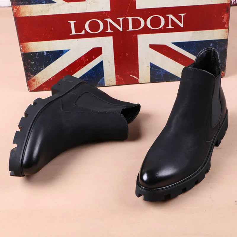 chaussures montantes en cuir véritable pour hommes, bottes Chelsea décontractées, chaussures habillées de bureau, bottes noires à plateforme, botas hombre, chaussure