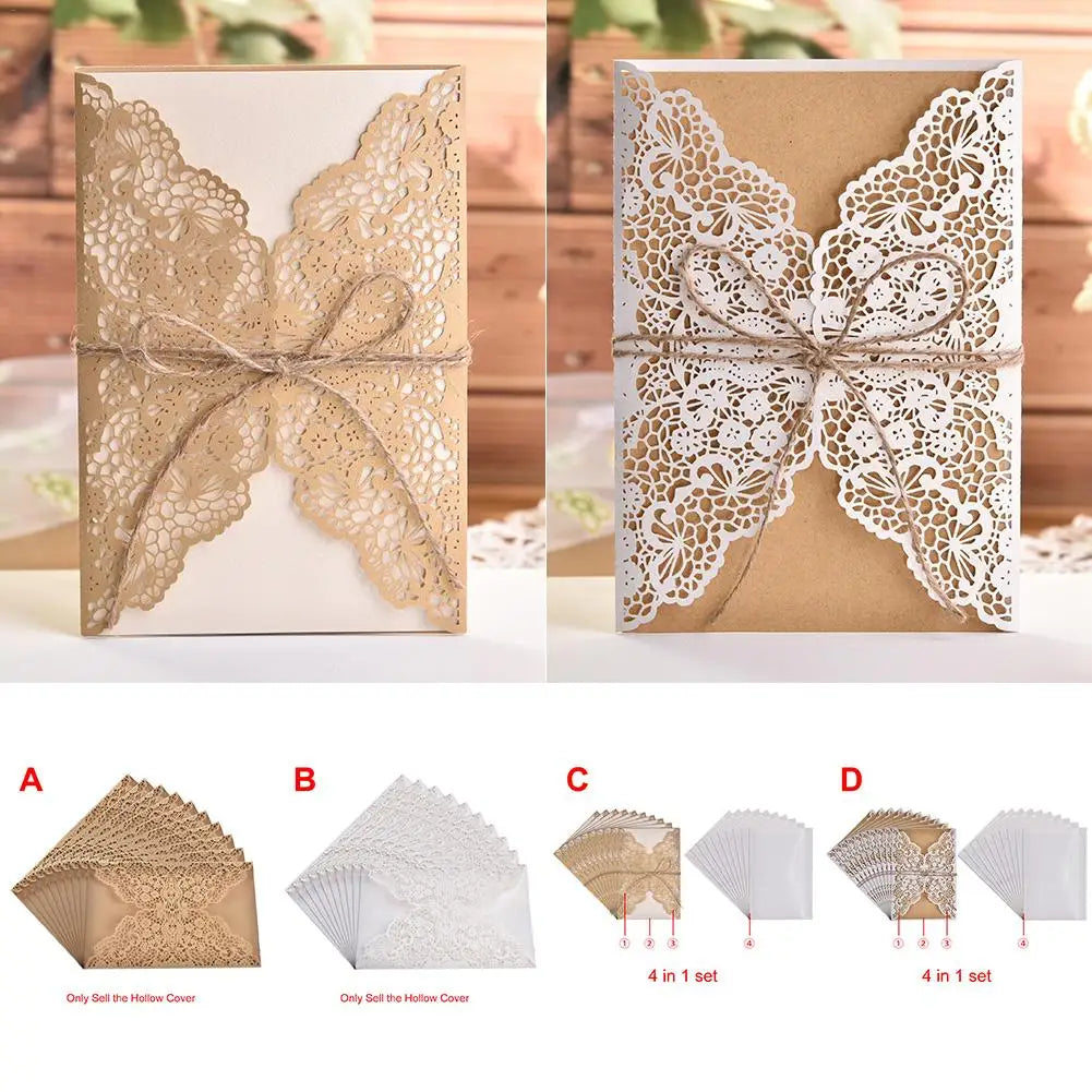 10pcs Faire-part de mariage en dentelle sculptée élégante de style européen Cartes de vœux Fournitures de fête Dropship