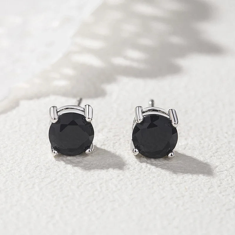 Vintage Obsidian Round Stud Earrings — 925 Sterling Silver