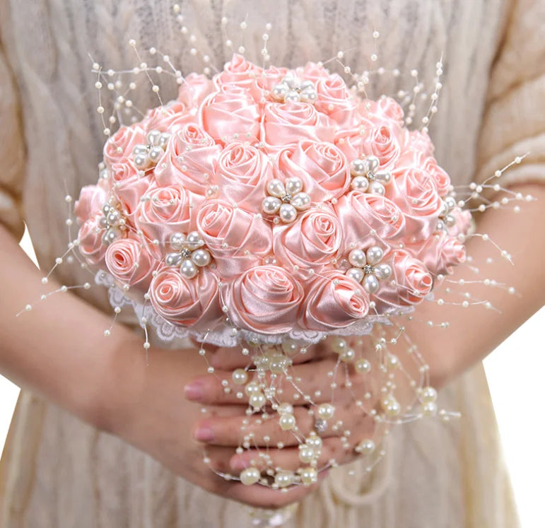 White & Ivory Pearl Beaded Bridal Bouquet with Ribbon Roses