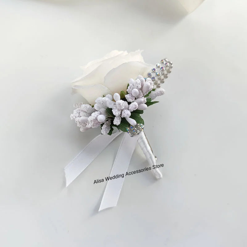 Bouquet de mariée, demoiselle d'honneur, fleurs artificielles en soie blanche, roses, boutonnière de marié, épingles, bouquet de mariage, accessoires de mariage