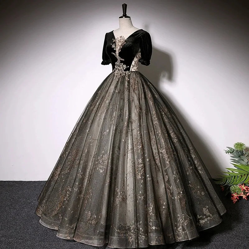 Robe de soirée trapèze noire en velours pour femme, col en V, appliqués, dos nu, pour anniversaire