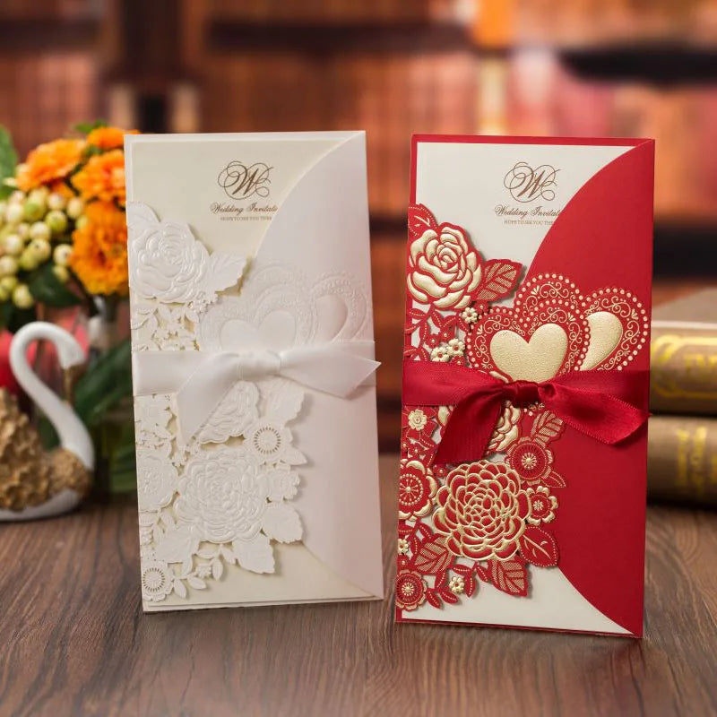 5/10 Pièces Cartes d'Invitation de Mariage Découpées au Laser Cœur d'Amour Personnalisées Cartes de Vœux avec Ruban Fournitures de Fête de Mariage ou de Douche Nuptiale