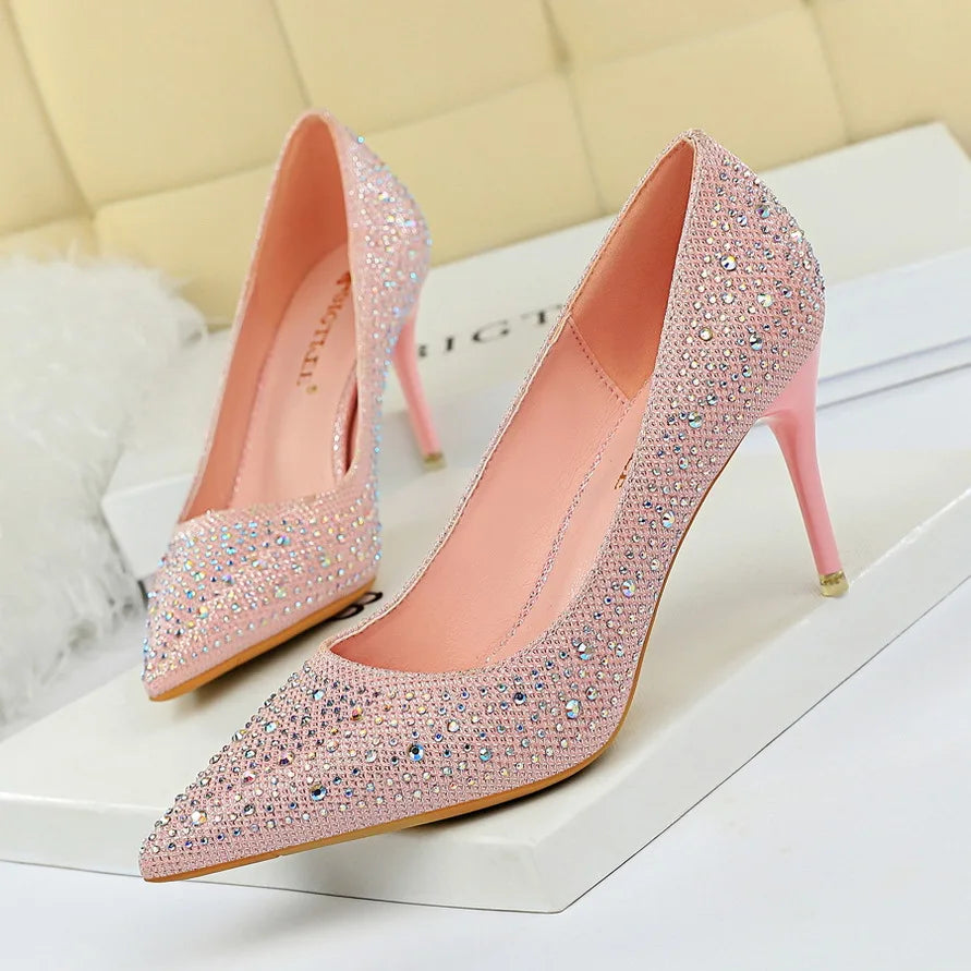 BIGTREE Chaussures Escarpins à talons hauts 7/10cm Strass Femme Noir Rose Mode Bout Pointu Cristal Mariage Chaussures de fête pour femme Automne