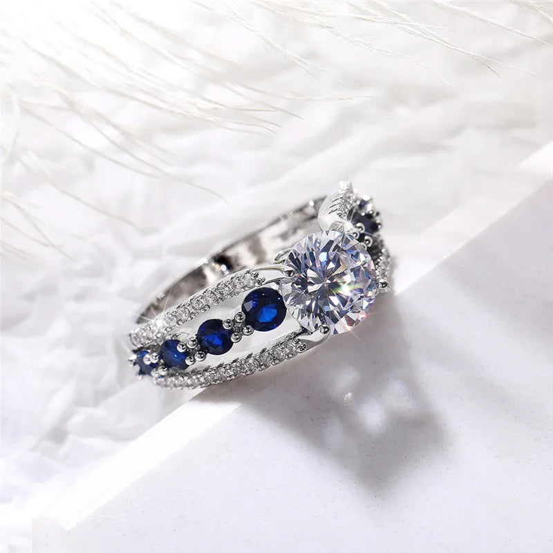 Blue & White Round CZ Wedding Ring — Elegant Bridal Band