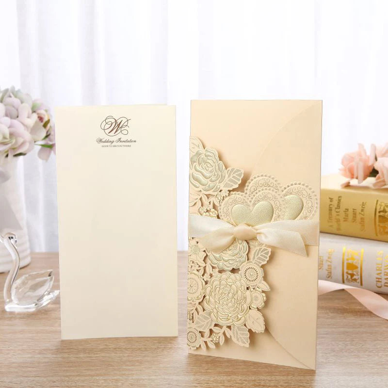 5/10 Pièces Cartes d'Invitation de Mariage Découpées au Laser Cœur d'Amour Personnalisées Cartes de Vœux avec Ruban Fournitures de Fête de Mariage ou de Douche Nuptiale