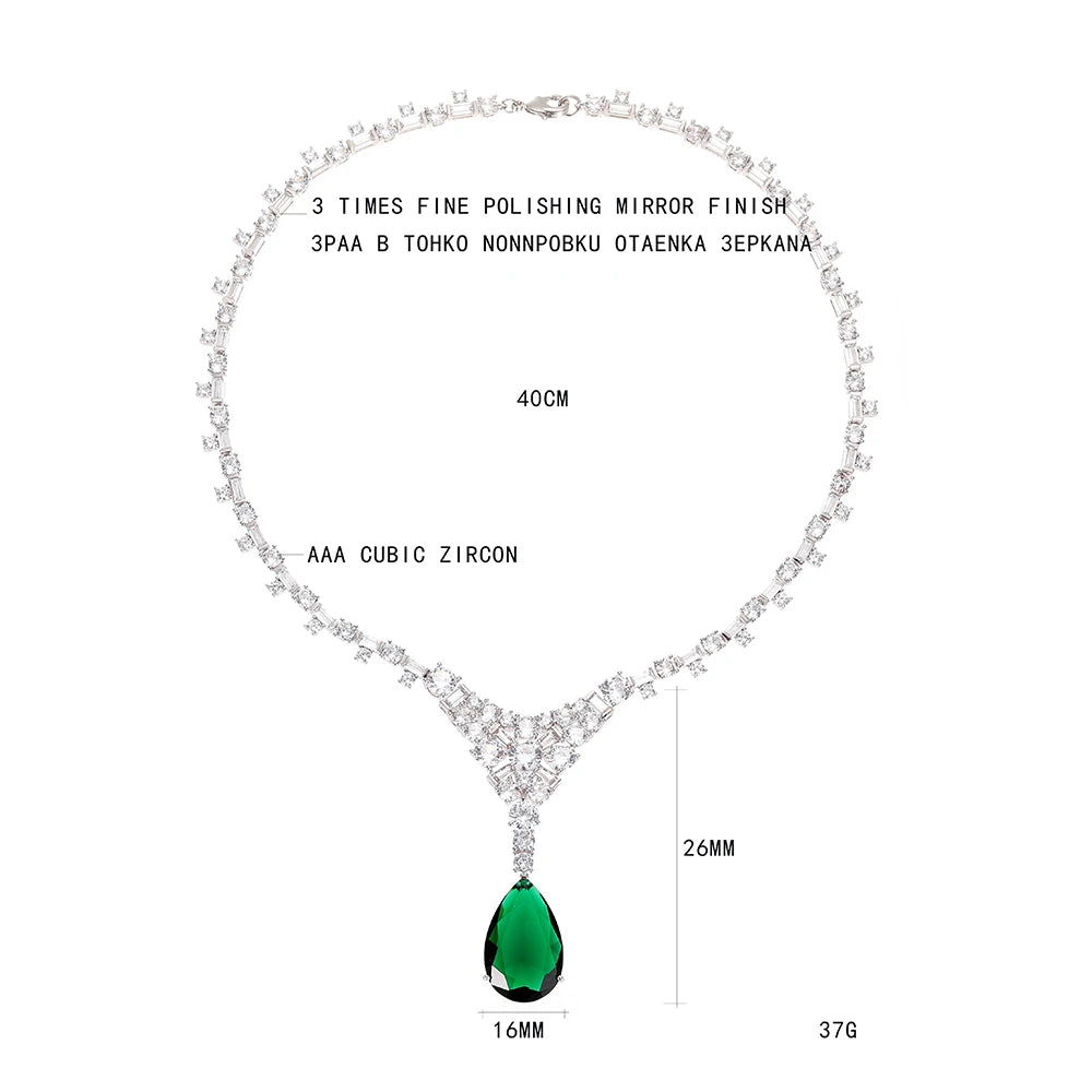 Collier Pendentif Luxe Émeraude Zircon — Bijoux de Soirée de Mariée en Platine