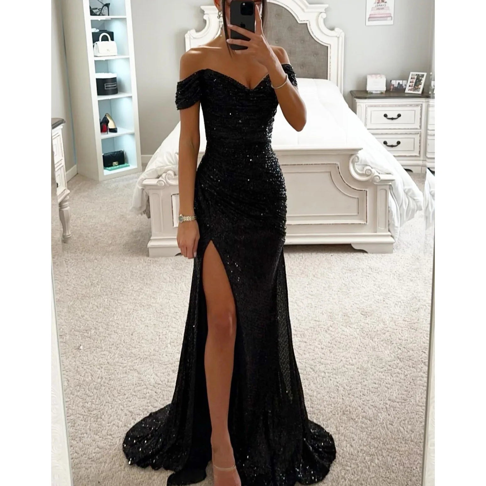 Robe de soirée élégante d'été pour femmes, robe de soirée sexy à col unique, paillettes, respirante, longue, fendue, nouvelle couleur unie