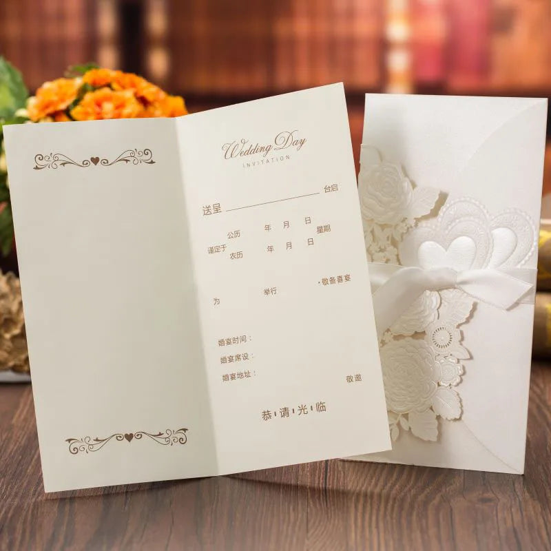 5/10 Pièces Cartes d'Invitation de Mariage Découpées au Laser Cœur d'Amour Personnalisées Cartes de Vœux avec Ruban Fournitures de Fête de Mariage ou de Douche Nuptiale