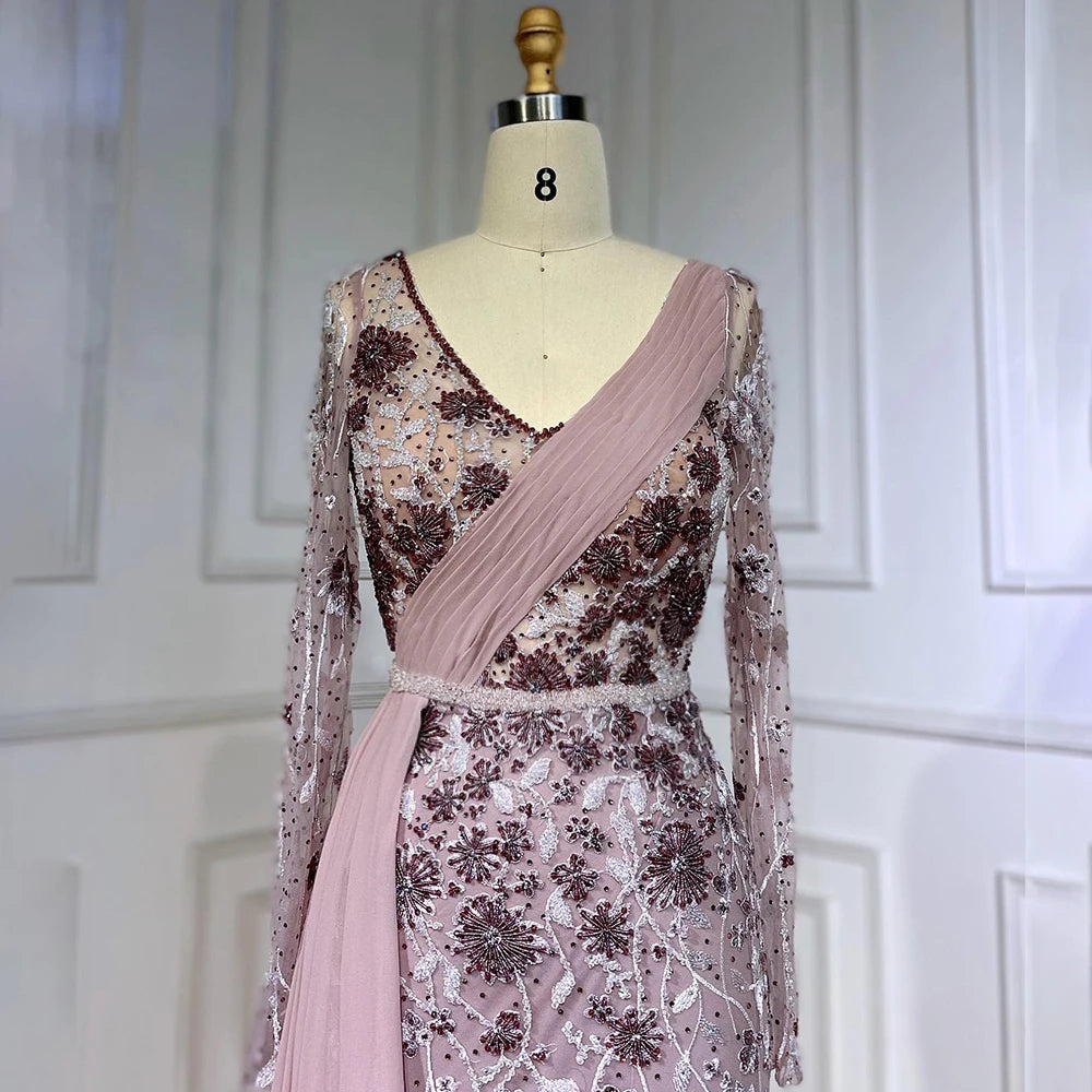 Robe de soirée sirène de luxe Feishiluo pour femmes, manches longues, perlée à la main, robe de bal, décorée de paillettes, taille naturelle