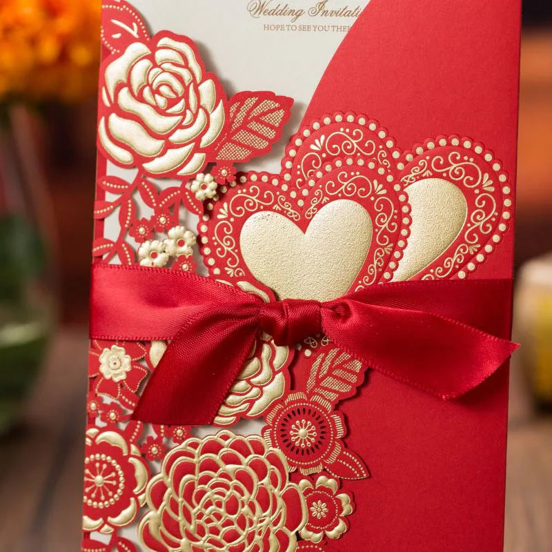 5/10 Pièces Cartes d'Invitation de Mariage Découpées au Laser Cœur d'Amour Personnalisées Cartes de Vœux avec Ruban Fournitures de Fête de Mariage ou de Douche Nuptiale