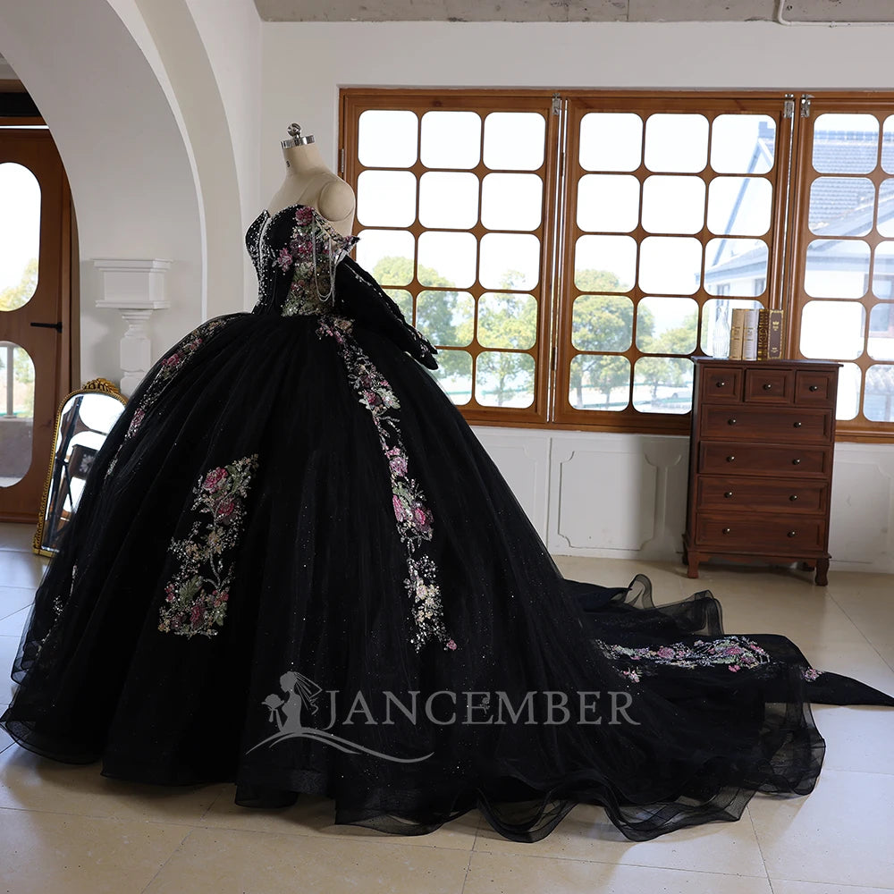 Robe de Quinceañera noire chapelle, Robe de bal scintillante pour fille, Grande nœud en dentelle, Robe de 16 ans Wc041
