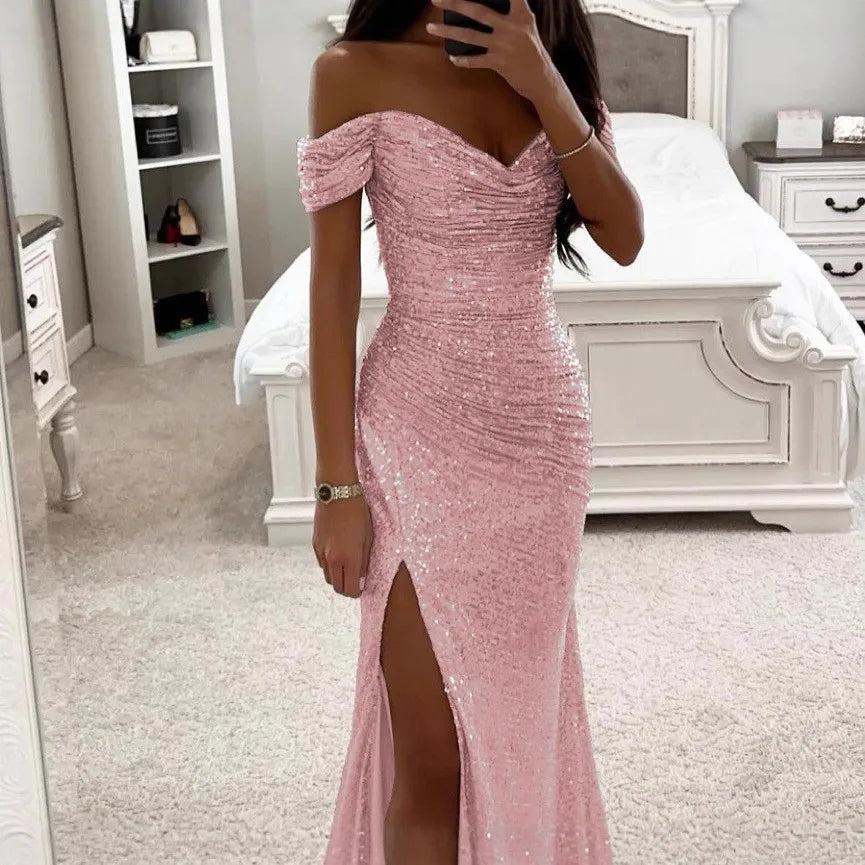 Robe de soirée élégante d'été pour femmes, robe de soirée sexy à col unique, paillettes, respirante, longue, fendue, nouvelle couleur unie