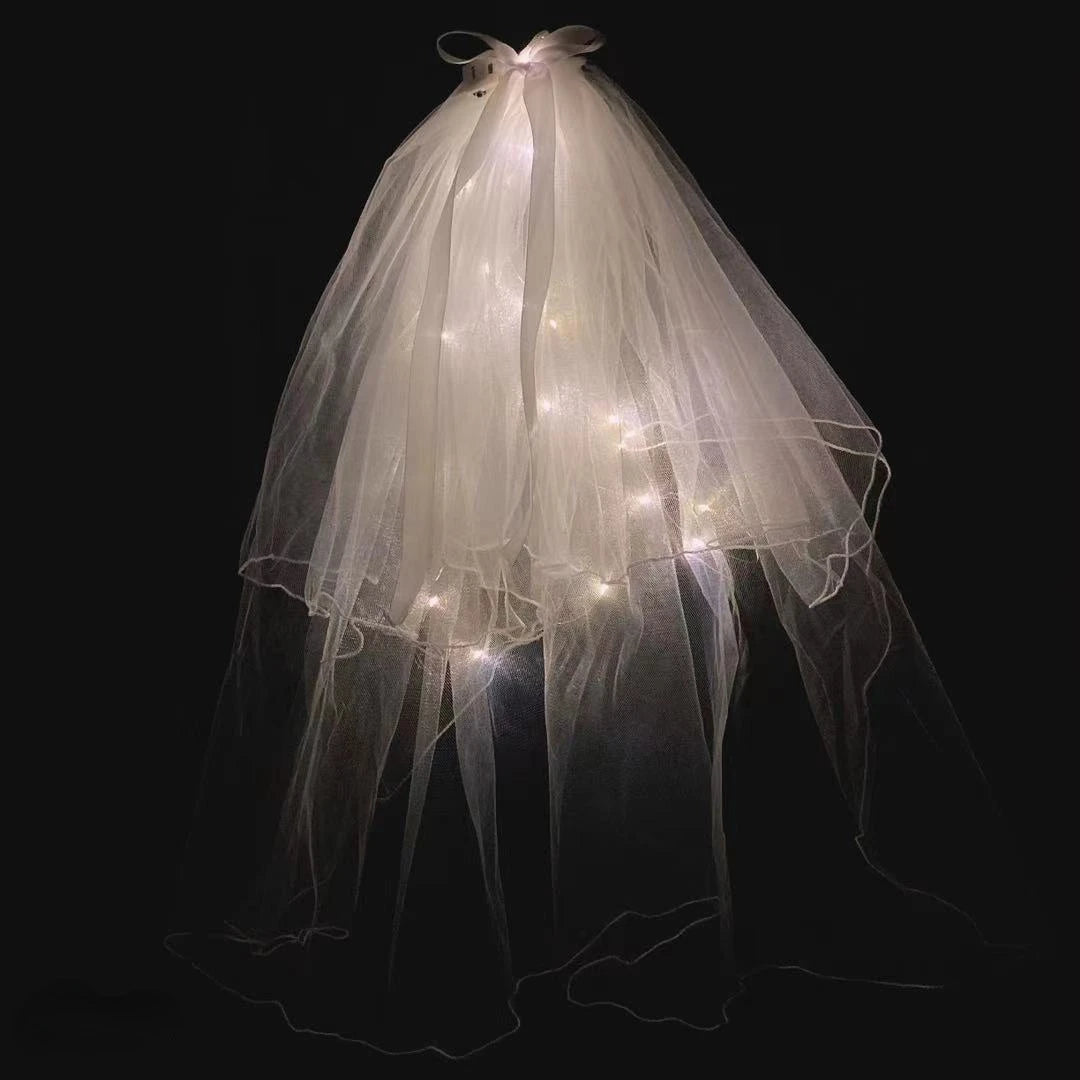 Voile mignon Cheveux Lumineux Fée Ruban Nœud Couronne Lampe LED Mariage Fournitures de Fête Maquillage Fille