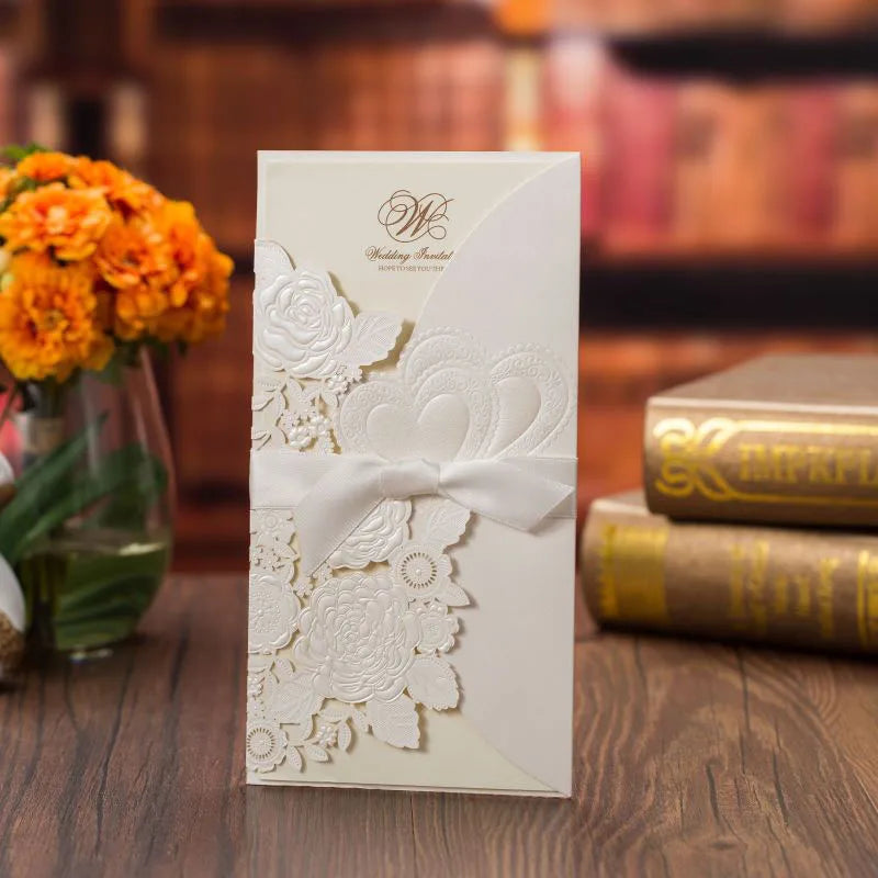 5/10 Pièces Cartes d'Invitation de Mariage Découpées au Laser Cœur d'Amour Personnalisées Cartes de Vœux avec Ruban Fournitures de Fête de Mariage ou de Douche Nuptiale