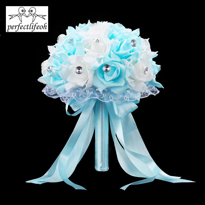 Bouquet de mariée de roses artificielles bleues et blanches faites à la main