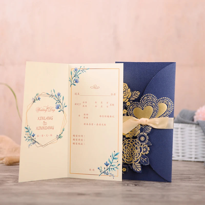 5/10 Pièces Cartes d'Invitation de Mariage Découpées au Laser Cœur d'Amour Personnalisées Cartes de Vœux avec Ruban Fournitures de Fête de Mariage ou de Douche Nuptiale