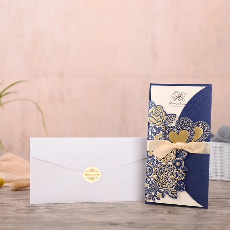 5/10 Pièces Cartes d'Invitation de Mariage Découpées au Laser Cœur d'Amour Personnalisées Cartes de Vœux avec Ruban Fournitures de Fête de Mariage ou de Douche Nuptiale