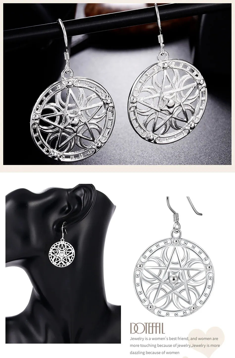 DOTEFFIL Boucles d'oreilles pendantes rondes étoiles en argent sterling 925 pour femmes, mariage, fiançailles, soirée, bijoux de mode