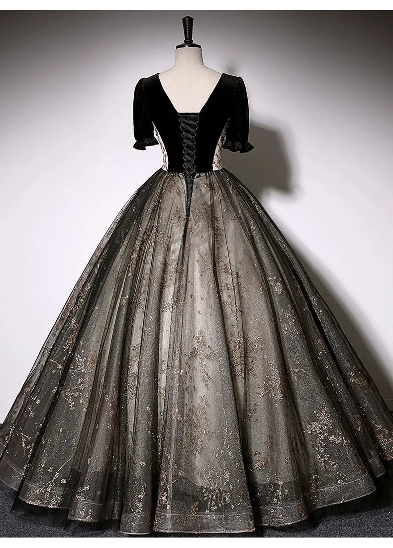 Robe de soirée trapèze noire en velours pour femme, col en V, appliqués, dos nu, pour anniversaire
